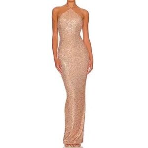 JLCNCUE Gold Sequin Halter Neck Maxi Dress Open Back Sparkly Evening Gown